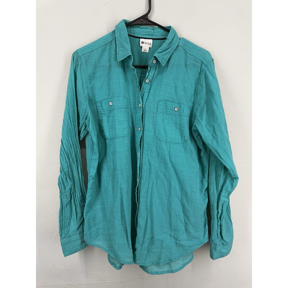 Stylus Women's Teal 100% Cotton Linen LARGE Button Collared Shirt Vacation Beach
